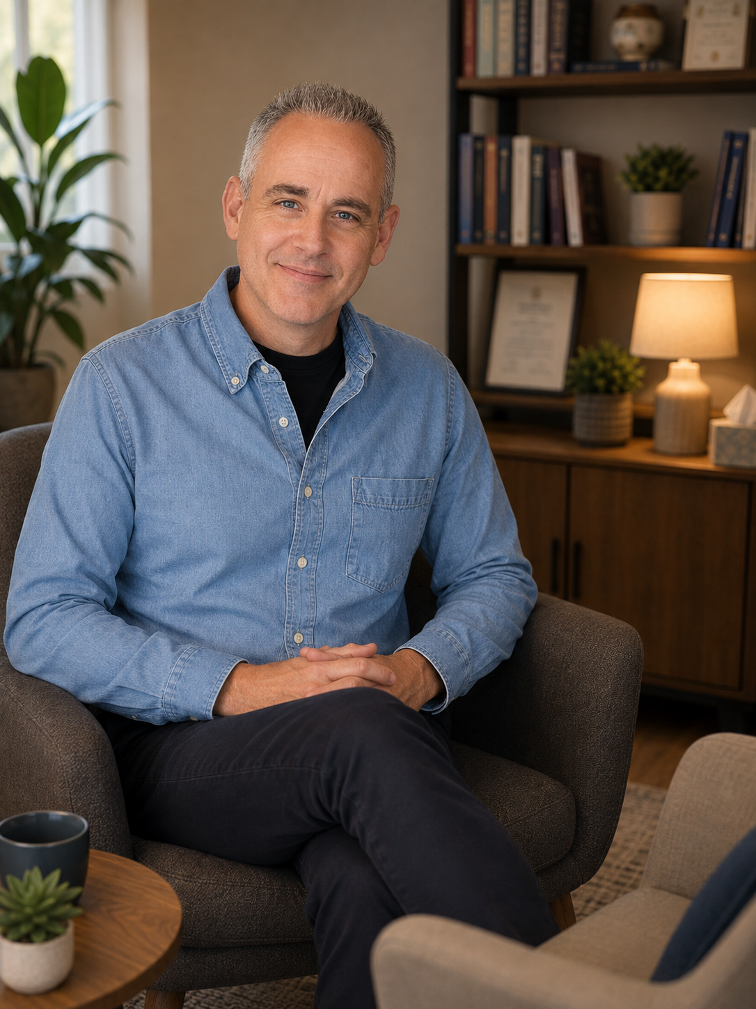 Paul Hill seated in a warm counselling room